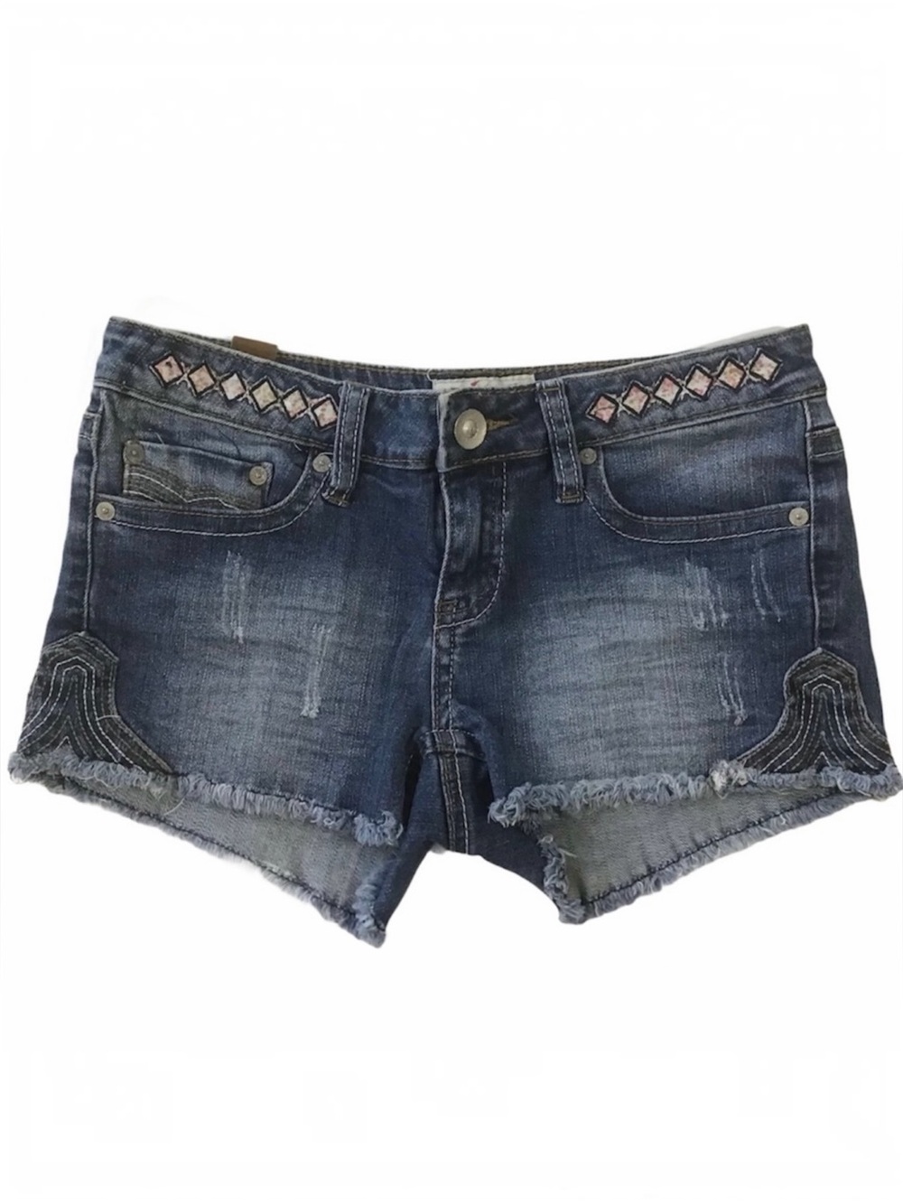 YMI Denim Jean Shorts Size 0 Decorative Stitching Distressed Frayed